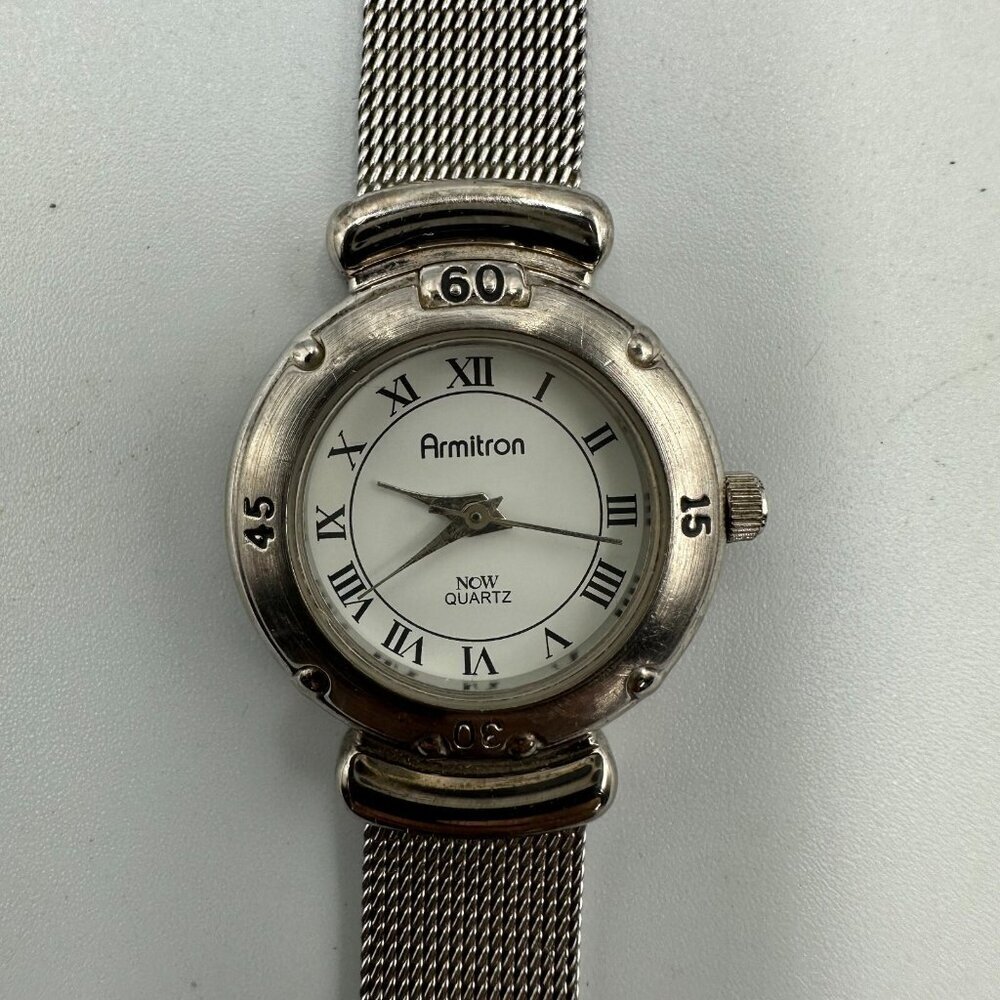 3/$30 Armitron Watch Women Silver Tone White Round Dial Mesh Band 8.5 Inch